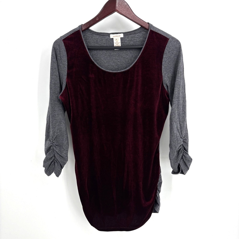 Sundance Womens M Burgundy Gray Velvet Top Ruched Sides &‎ Sleeve Whimsigoth